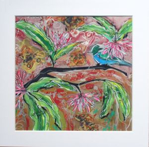 Tropical bird in lily garden Sylvia Sandwith<br /><br />SOLD
